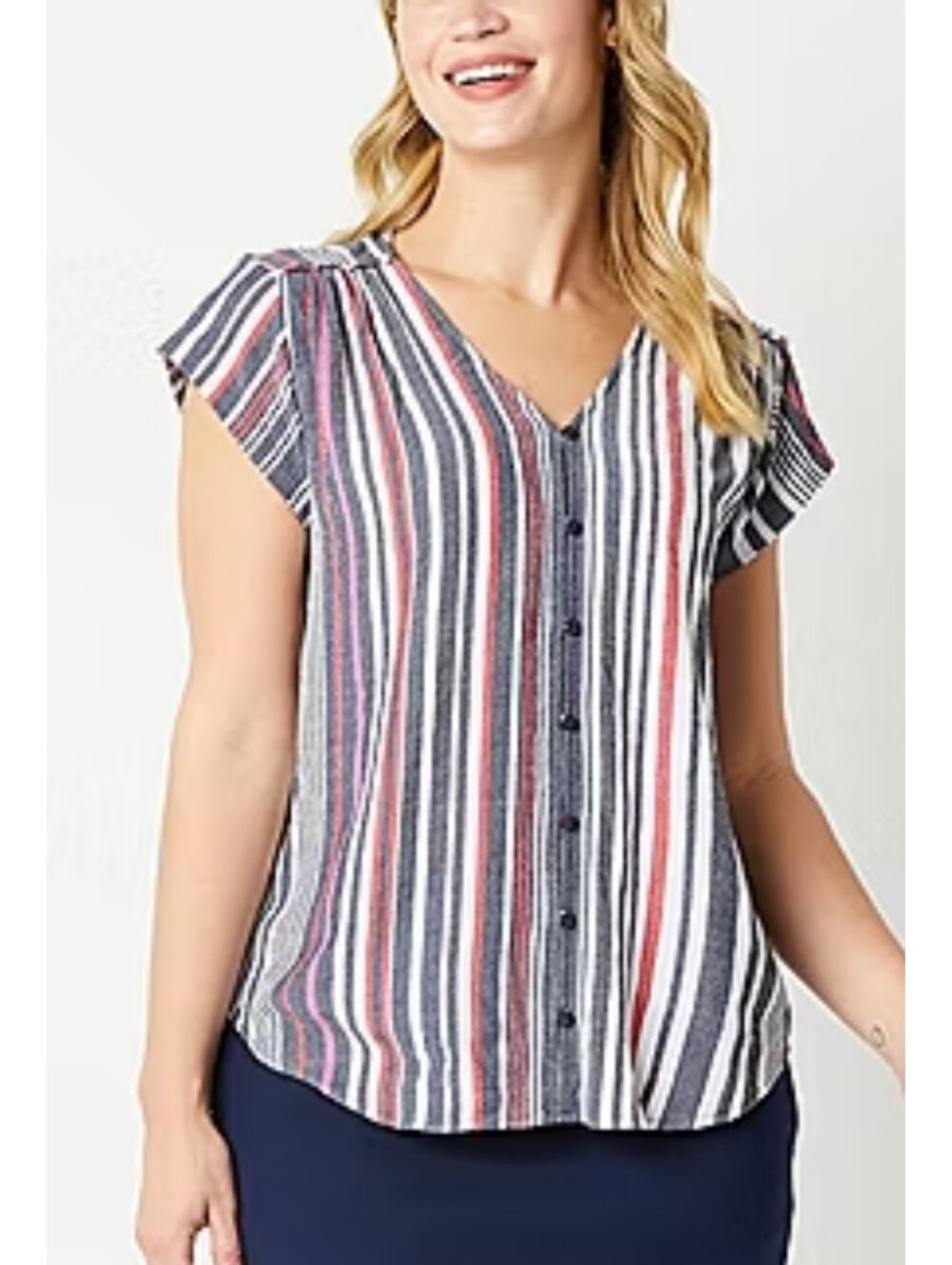 Liz Claiborne V-Neck Striped Button Front Flutter Sleeve Blouse